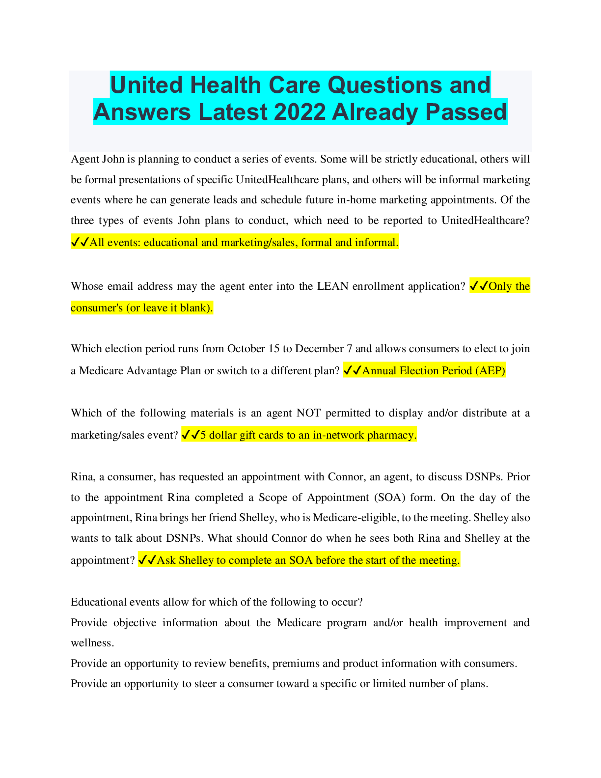 Preview of United Health Care Questions and Answers Latest 2022 Already Passed